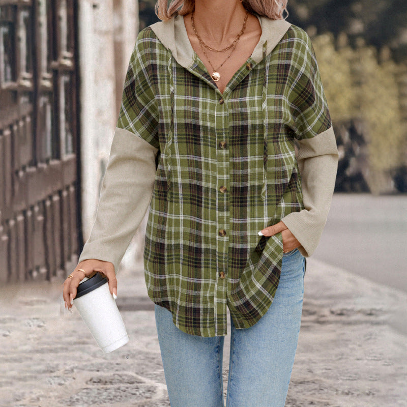 Casual Retro Style Loose Hooded Plaid Stitching Shirt Coat Women