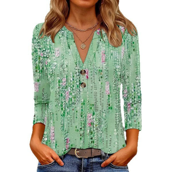 Women's 3D Printed Fashion Casual V-neck Long-sleeved T-shirt Top