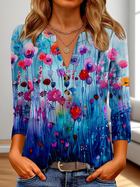 Women's 3D Printed Fashion Casual V-neck Long-sleeved T-shirt Top