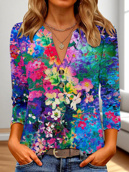 Women's 3D Printed Fashion Casual V-neck Long-sleeved T-shirt Top
