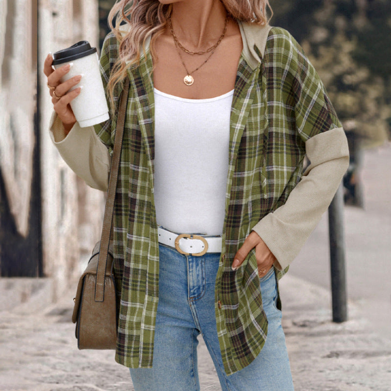 Casual Retro Style Loose Hooded Plaid Stitching Shirt Coat Women