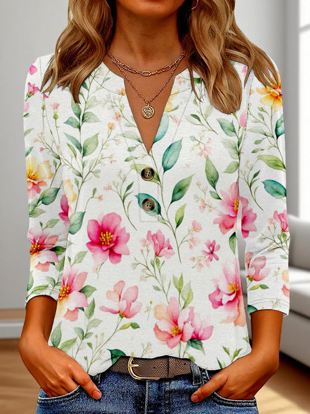 Women's 3D Printed Fashion Casual V-neck Long-sleeved T-shirt Top