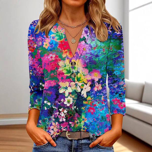Women's 3D Printed Fashion Casual V-neck Long-sleeved T-shirt Top