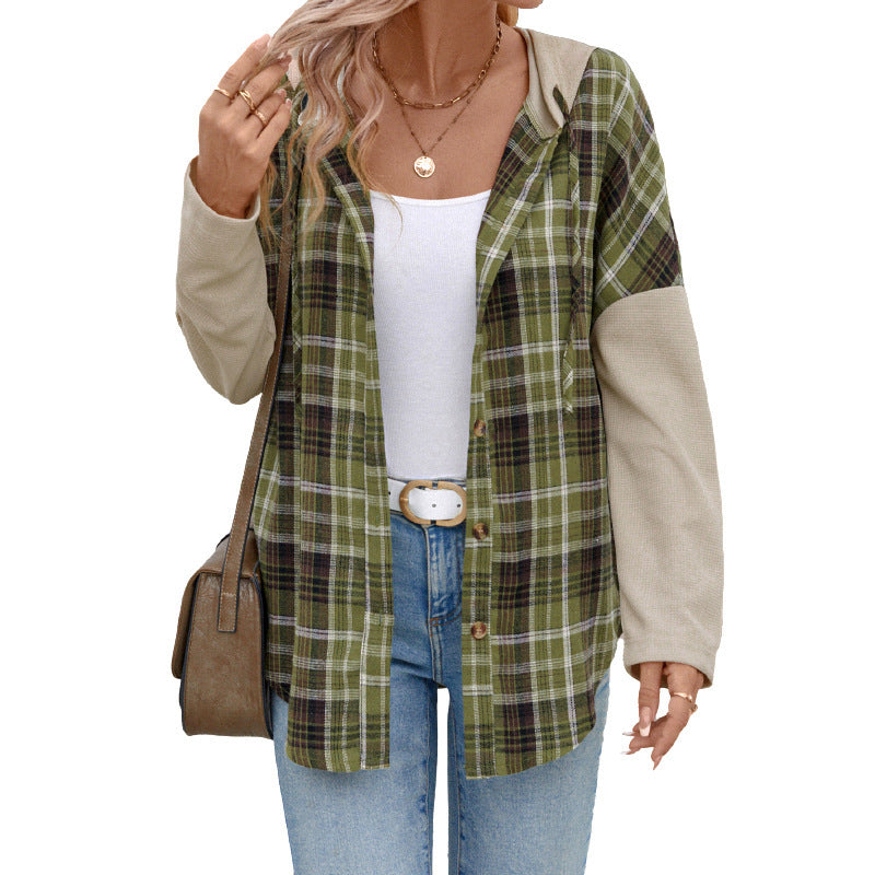 Casual Retro Style Loose Hooded Plaid Stitching Shirt Coat Women