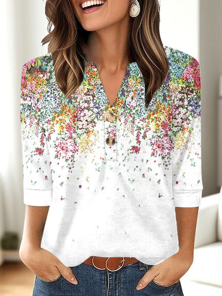 Women's 3D Printed Fashion Casual V-neck Long-sleeved T-shirt Top