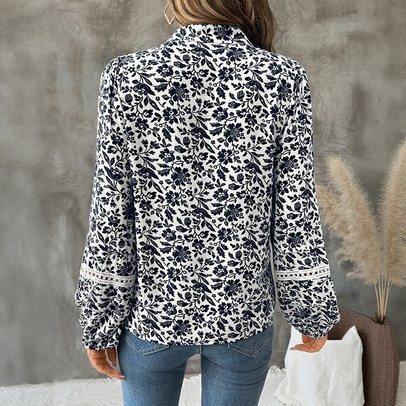 Casual Elegant Retro V-neck Lace-up Floral French Shirt