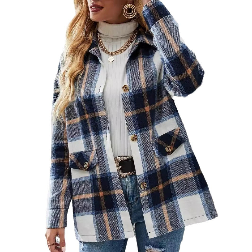 Autumn Winter Women's Wear Drop-shoulder Long-sleeve Lapel Loose Plaid Casual Shirt Coat
