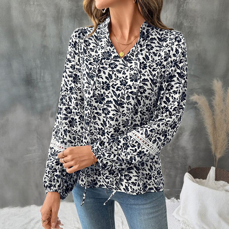 Casual Elegant Retro V-neck Lace-up Floral French Shirt