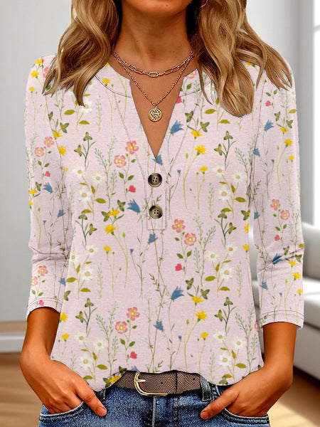 Women's 3D Printed Fashion Casual V-neck Long-sleeved T-shirt Top