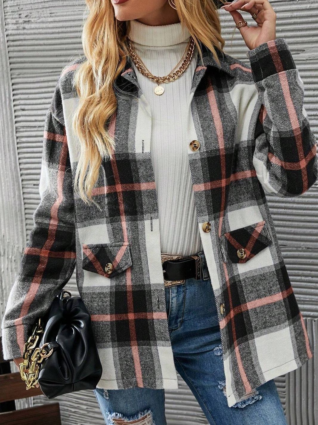 Autumn Winter Women's Wear Drop-shoulder Long-sleeve Lapel Loose Plaid Casual Shirt Coat