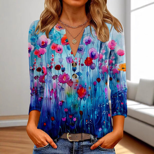 Women's 3D Printed Fashion Casual V-neck Long-sleeved T-shirt Top