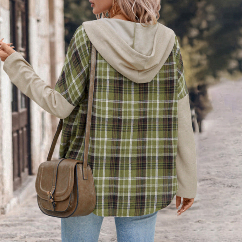Casual Retro Style Loose Hooded Plaid Stitching Shirt Coat Women
