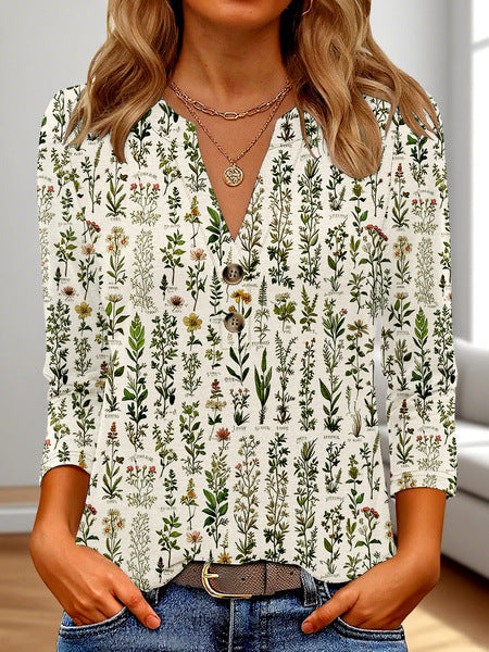 Women's 3D Printed Fashion Casual V-neck Long-sleeved T-shirt Top