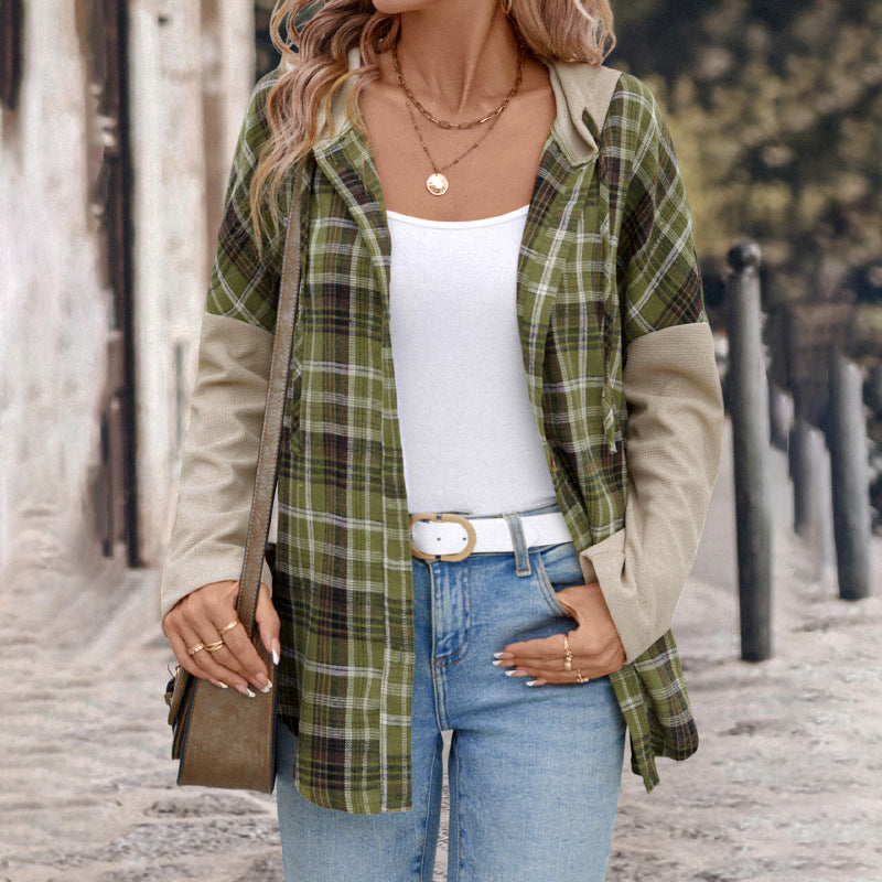 Casual Retro Style Loose Hooded Plaid Stitching Shirt Coat Women