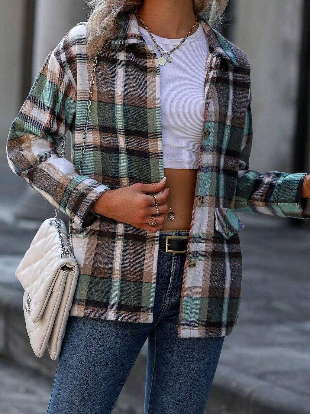 Autumn Winter Women's Wear Drop-shoulder Long-sleeve Lapel Loose Plaid Casual Shirt Coat