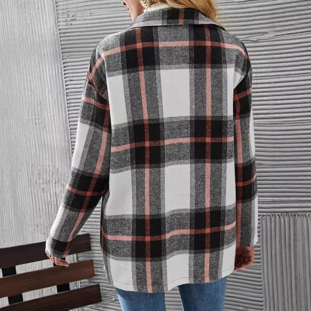 Autumn Winter Women's Wear Drop-shoulder Long-sleeve Lapel Loose Plaid Casual Shirt Coat