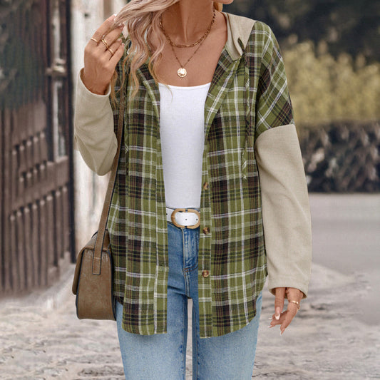 Casual Retro Style Loose Hooded Plaid Stitching Shirt Coat Women