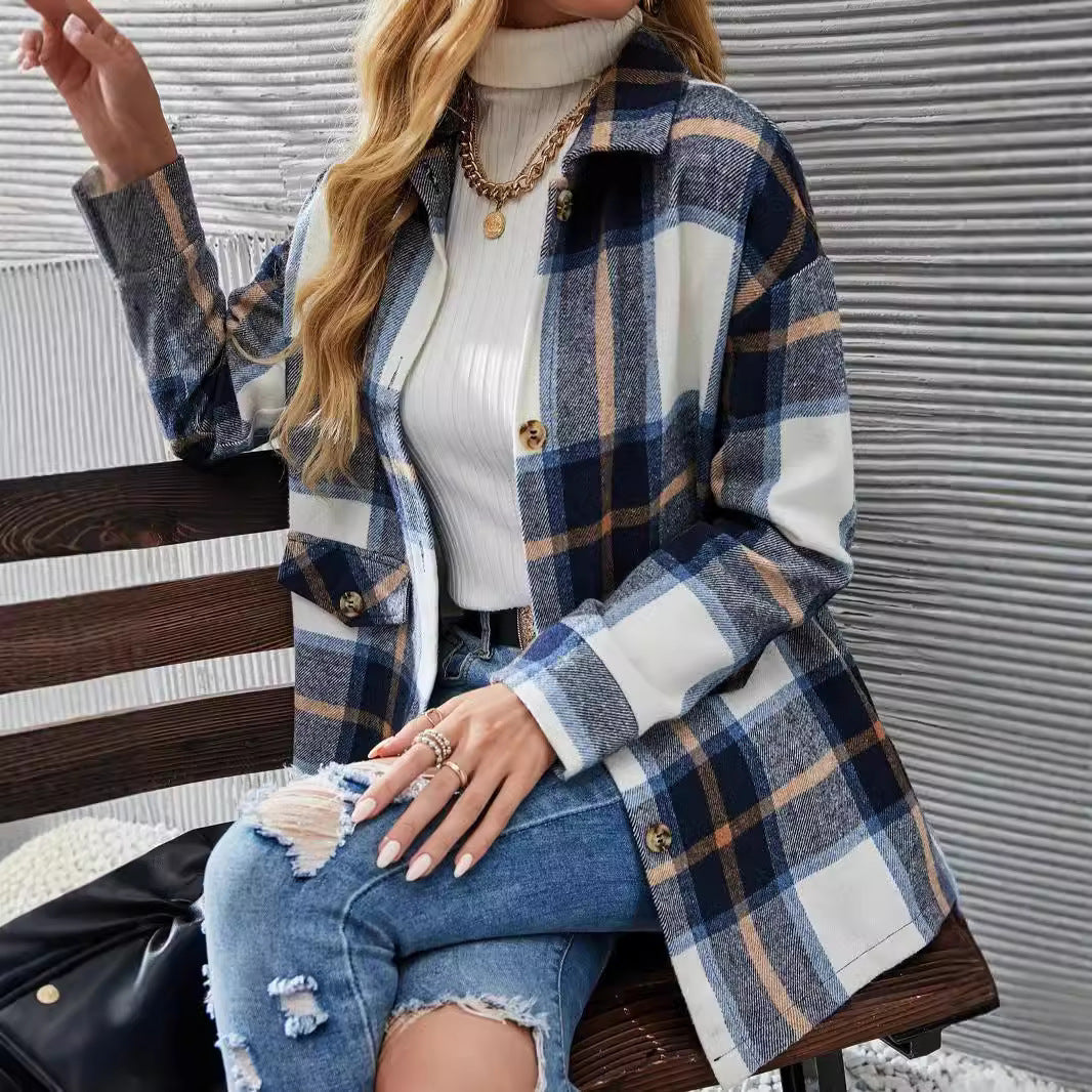 Autumn Winter Women's Wear Drop-shoulder Long-sleeve Lapel Loose Plaid Casual Shirt Coat