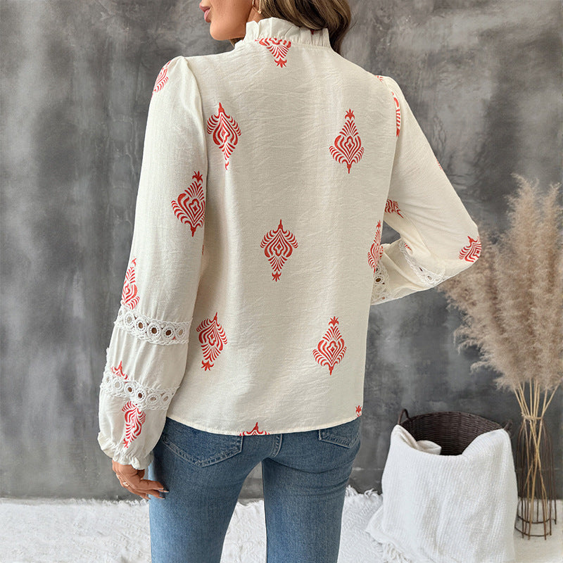 Stand Collar Ethnic Print Shirt For Women